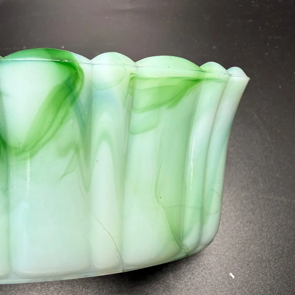 Vintage Akro Agate Green Slag Glass Oval Ribbed Planter Bowl Made in USA 6x3x2.5 - Picture 3 of 5